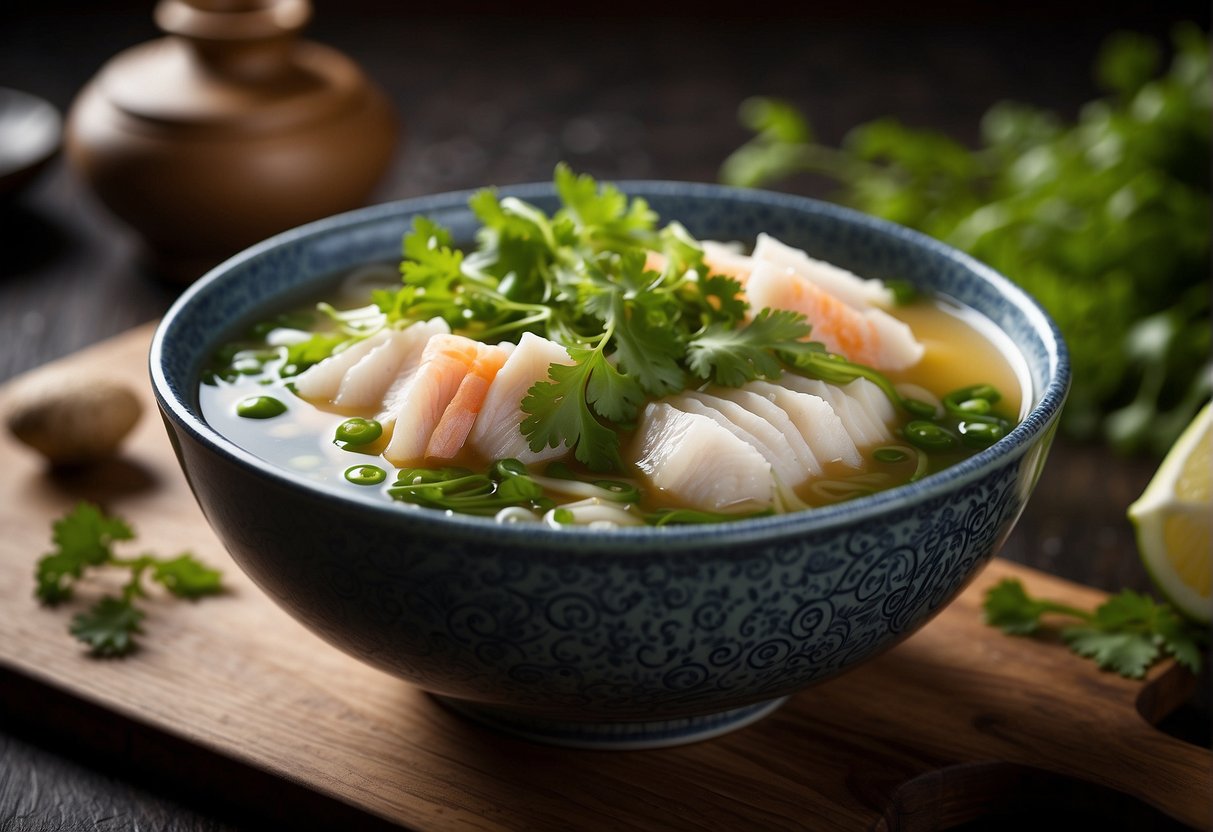 A steaming bowl of Chinese sliced fish soup is elegantly presented with vibrant green cilantro and thinly sliced ginger floating on top
