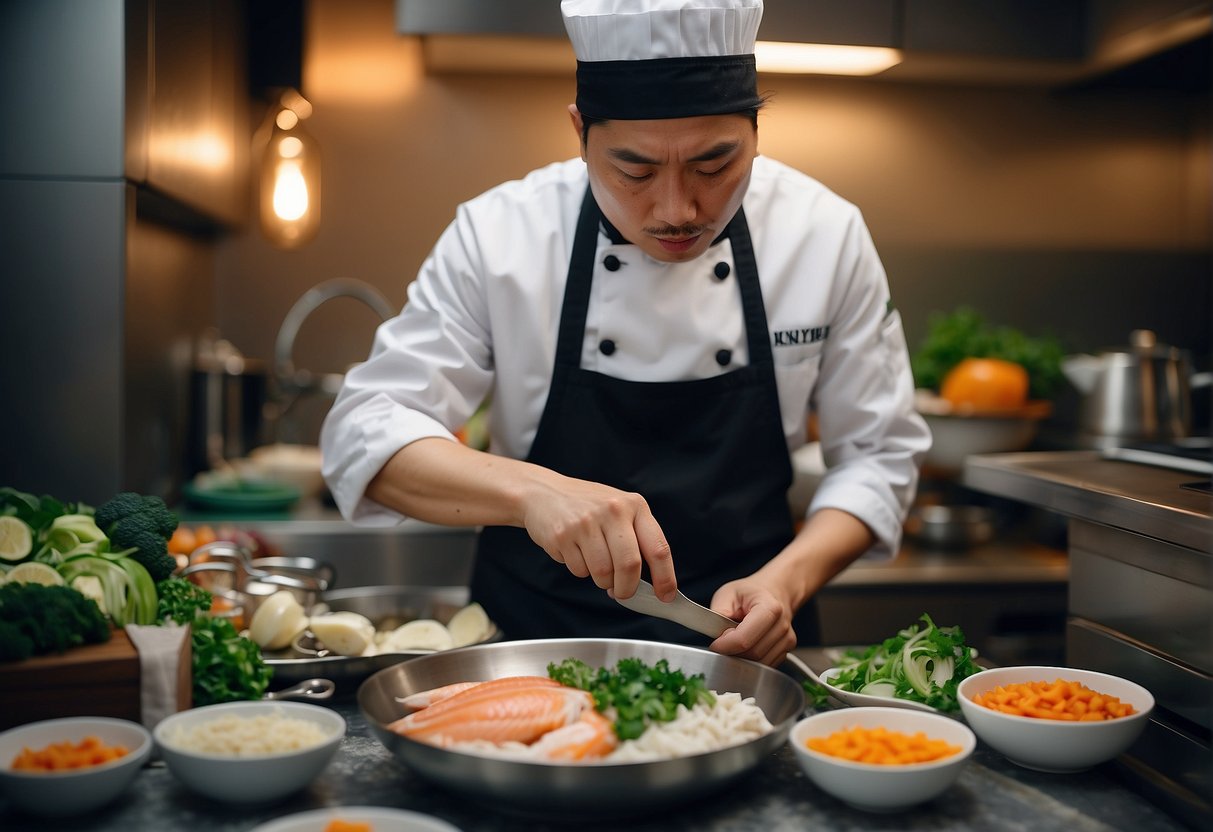 A chef prepares Chinese sliced fish soup, surrounded by ingredients and utensils on a clean kitchen counter