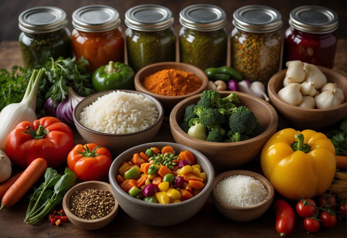 A table displays a variety of colorful vegetables, herbs, and spices, alongside a slow cooker filled with a fragrant Chinese vegetarian dish. A nutrition label and health benefits list are placed next to the ingredients