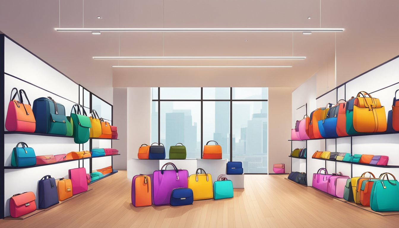 Vibrant, modern bag designs on display in a sleek, minimalist showroom. Bright colors and unique shapes catch the eye