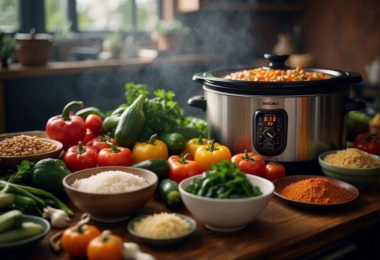 A colorful array of fresh vegetables and aromatic spices arranged around a traditional Chinese slow cooker, with a stack of recipe books in the background