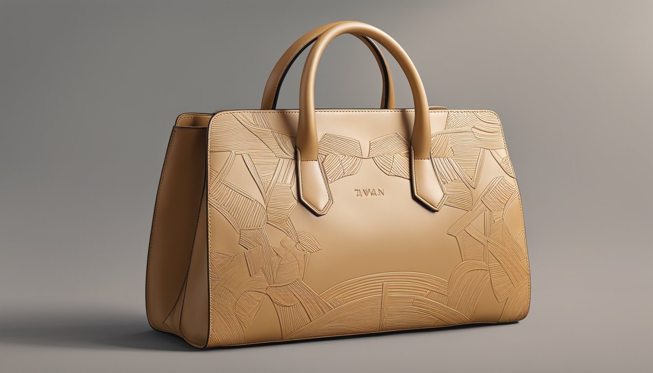 A sleek, modern Taiwan bag brand logo is embossed on a high-quality leather bag, showcasing fine craftsmanship