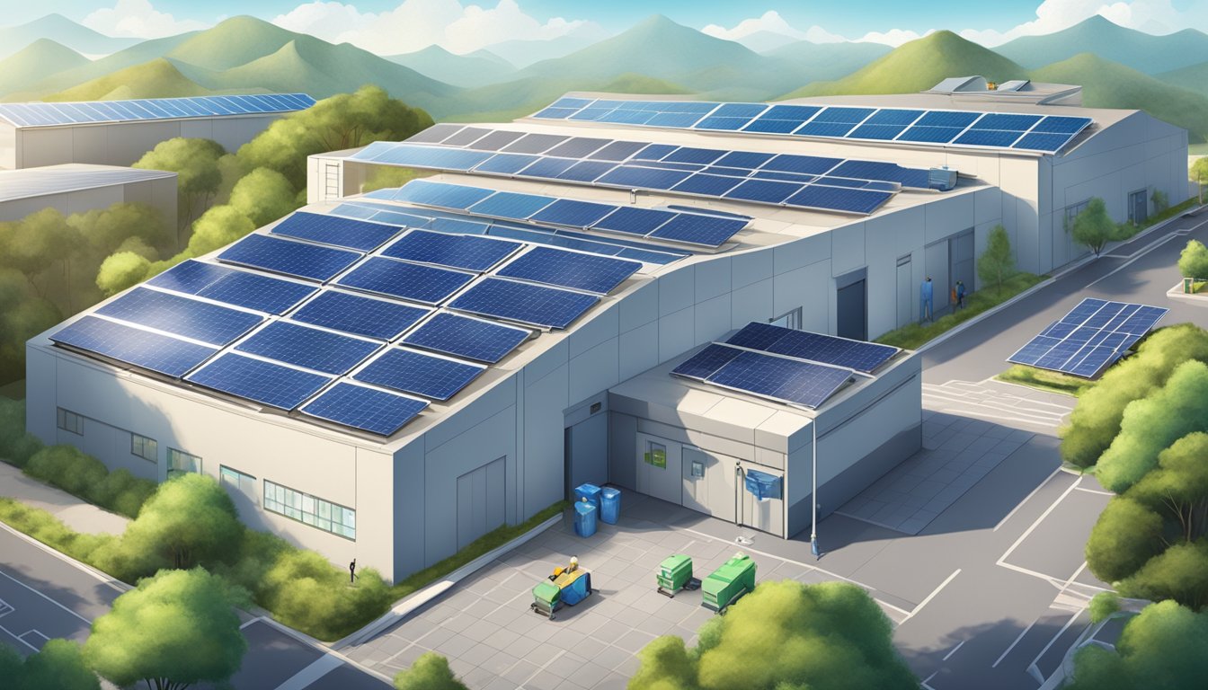 A factory in Taiwan with solar panels on the roof, recycling bins, and workers using eco-friendly materials to manufacture bags