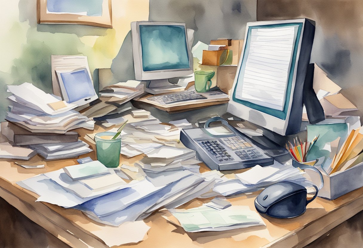 A cluttered desk with scattered papers and a confused expression on a computer screen. Phone ringing with no answer