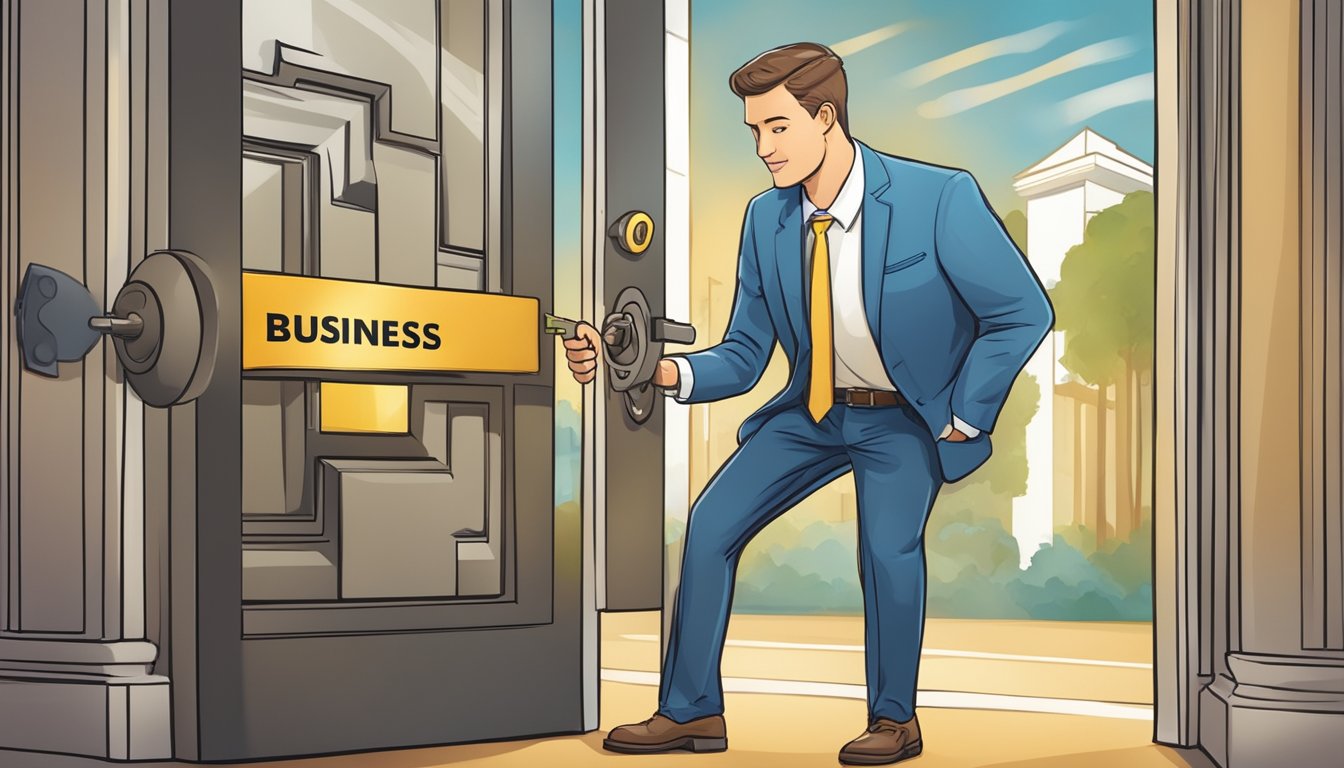 An SME owner confidently unlocks a door labeled "Business Loans" with a key, symbolizing access to financial support and growth opportunities