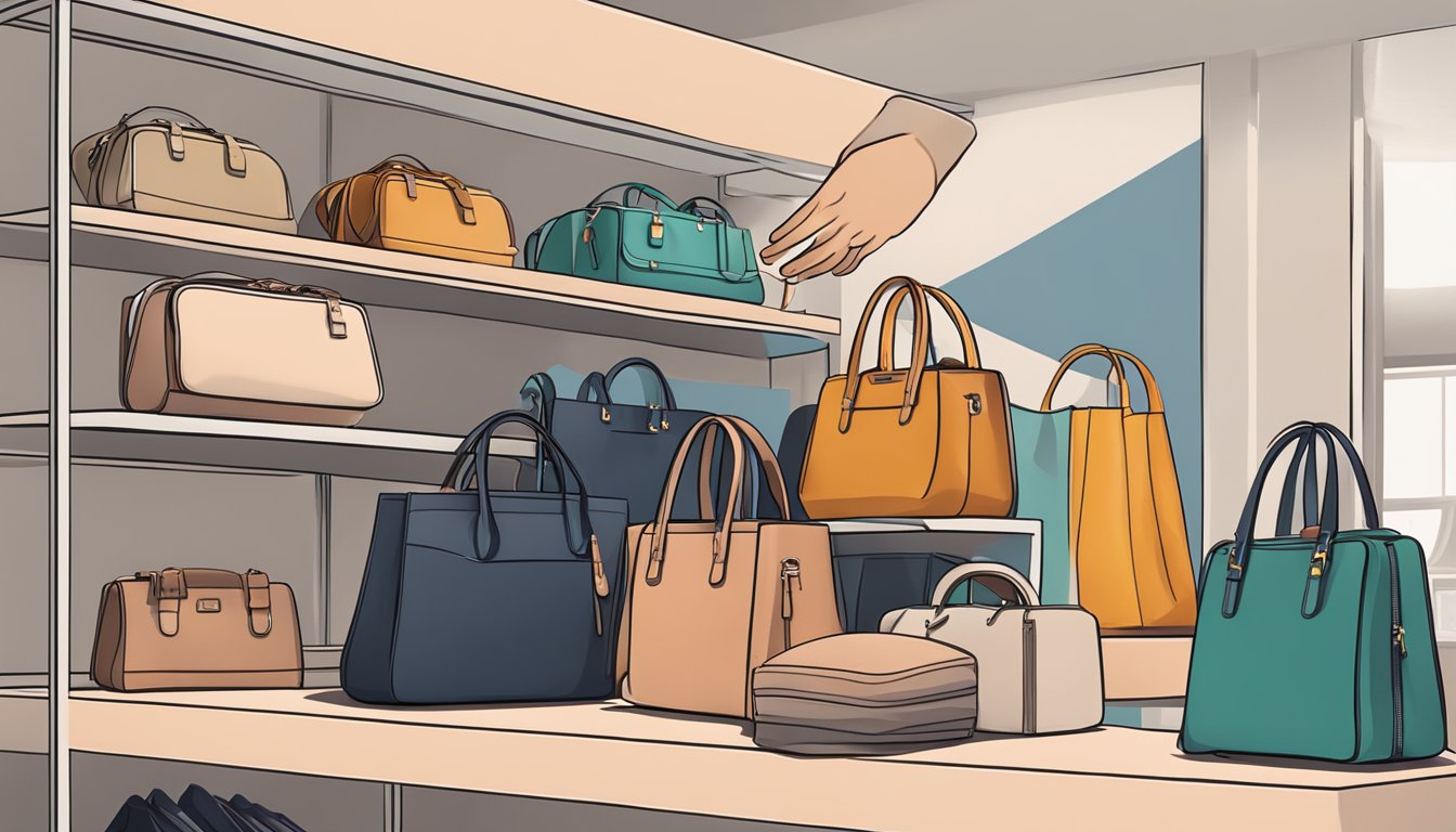 A hand reaches for a sleek Taiwan bag on a display shelf, surrounded by other stylish bags