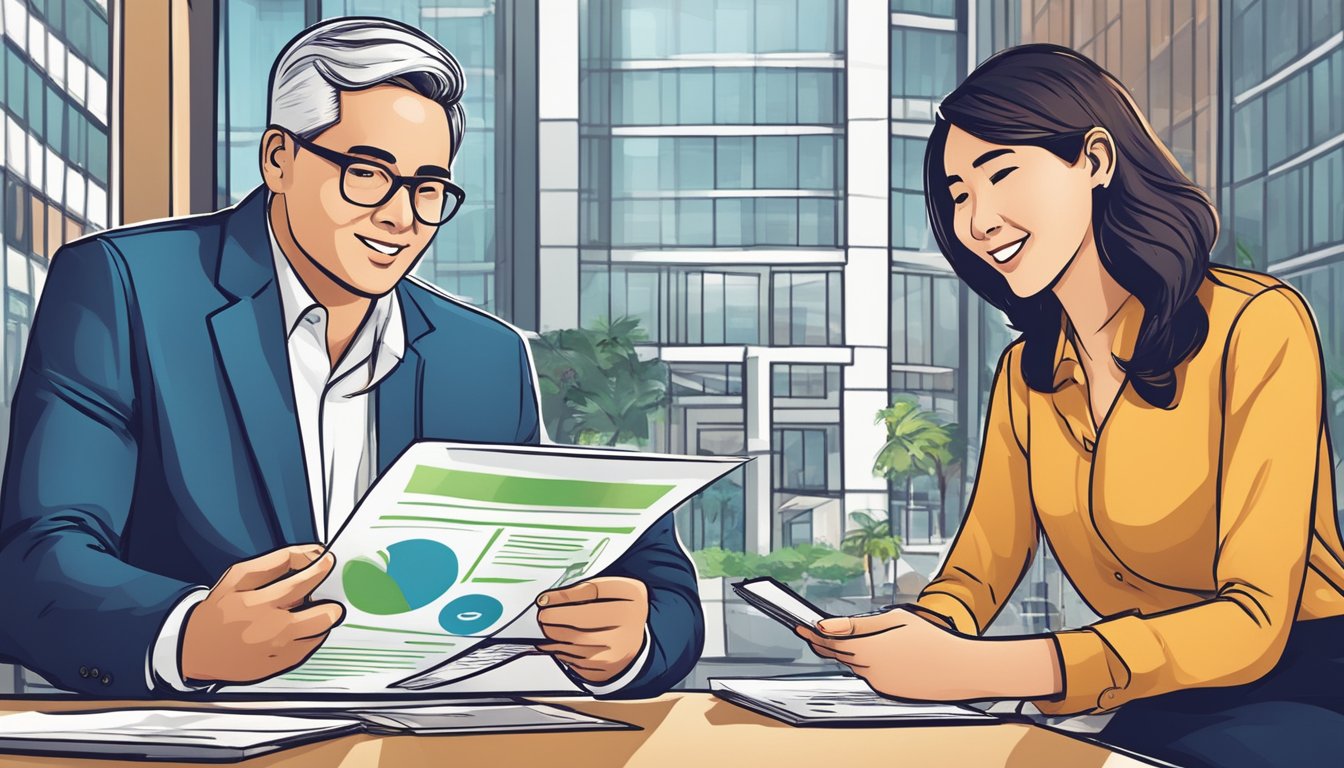 An SME owner confidently discusses loan benefits with a professional money lender in Singapore's modern and vibrant financial district
