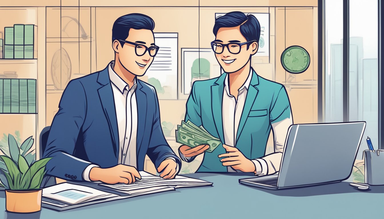 A business owner confidently chooses a money lender in Singapore, eager to boost their business with a loan. The lender's office exudes professionalism and trustworthiness