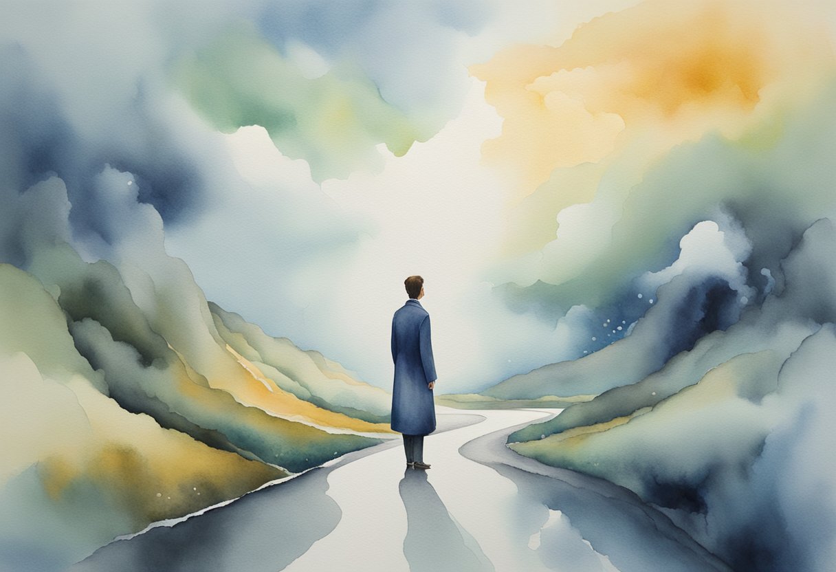 A figure stands at a crossroads, surrounded by swirling clouds of uncertainty. Different paths lead in various directions, each shrouded in mist. The figure appears contemplative, poised to make a decision