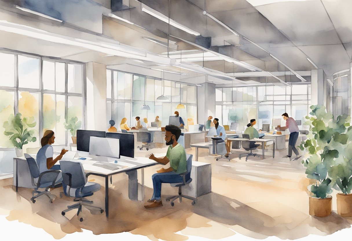 A diverse group of workers collaborate in a modern office space with open floor plan, natural lighting, and flexible seating arrangements