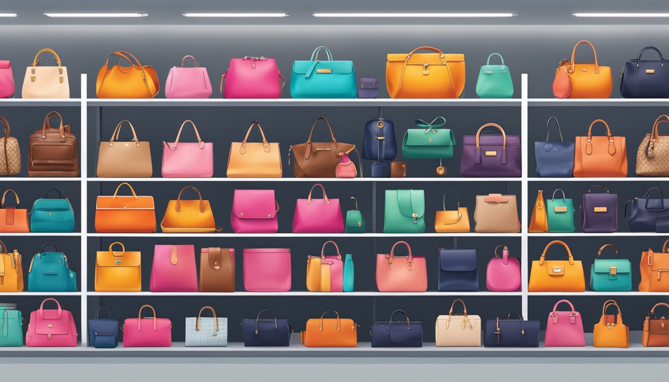 A display of top bag brands arranged on shelves with vibrant colors and stylish designs