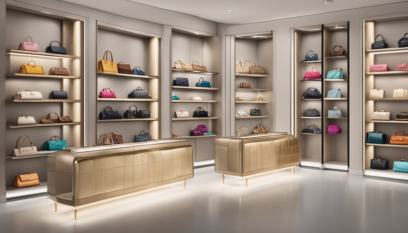 Luxury handbags displayed on a sleek, modern shelf. Each brand's logo prominently featured, with soft, flattering lighting highlighting the exquisite craftsmanship