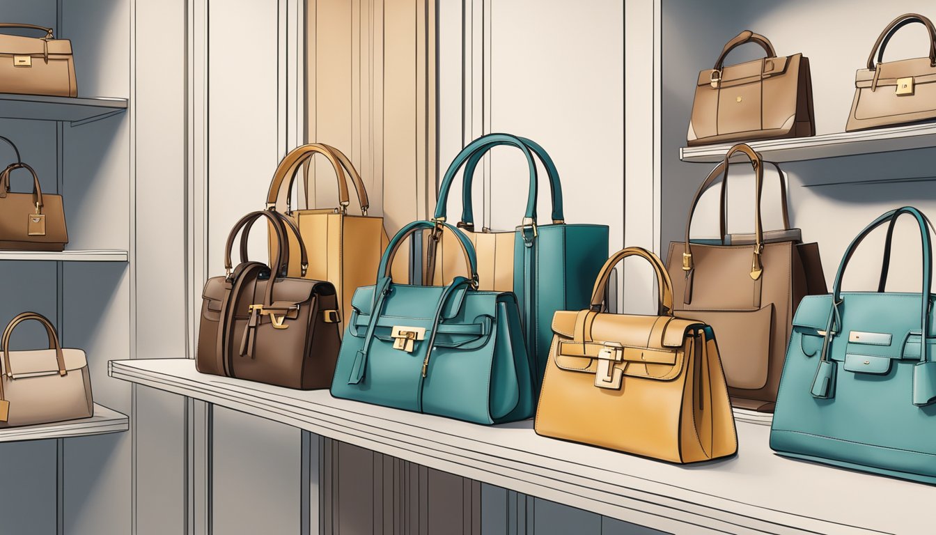A collection of luxury bags from top brands displayed on a sleek, minimalist shelf in a well-lit boutique setting