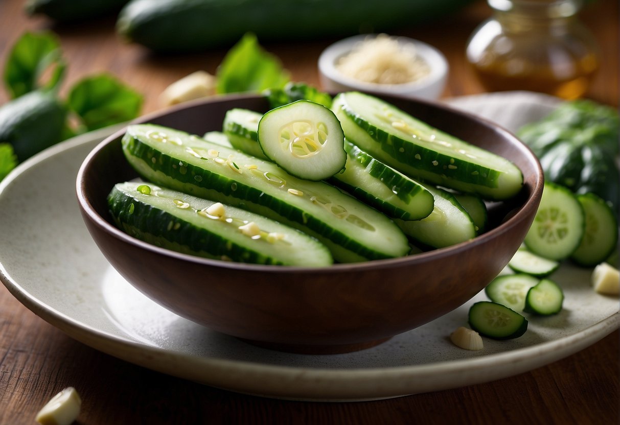 A knife slices through fresh cucumbers, then a pestle smashes them in a bowl with garlic, soy sauce, and vinegar