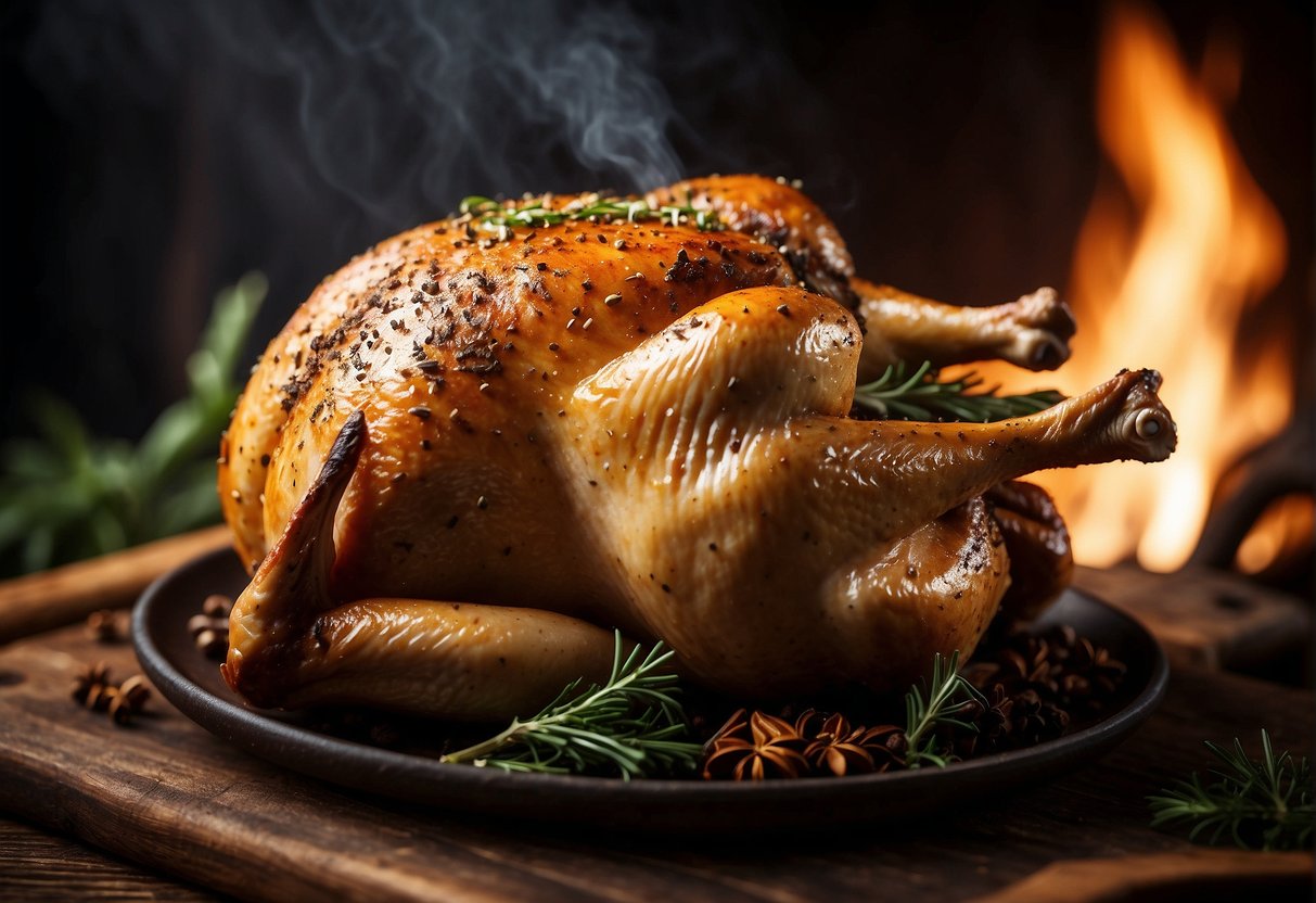 A whole chicken is being smoked over a wood fire, with aromatic spices and herbs being sprinkled over it, creating a tantalizing aroma