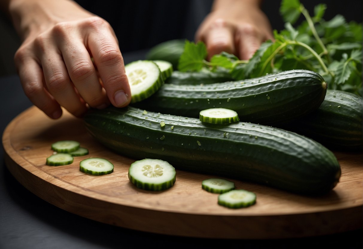 A hand reaches for a fresh cucumber, inspecting its firmness and length. Nearby, a mortar and pestle sit ready for smashing