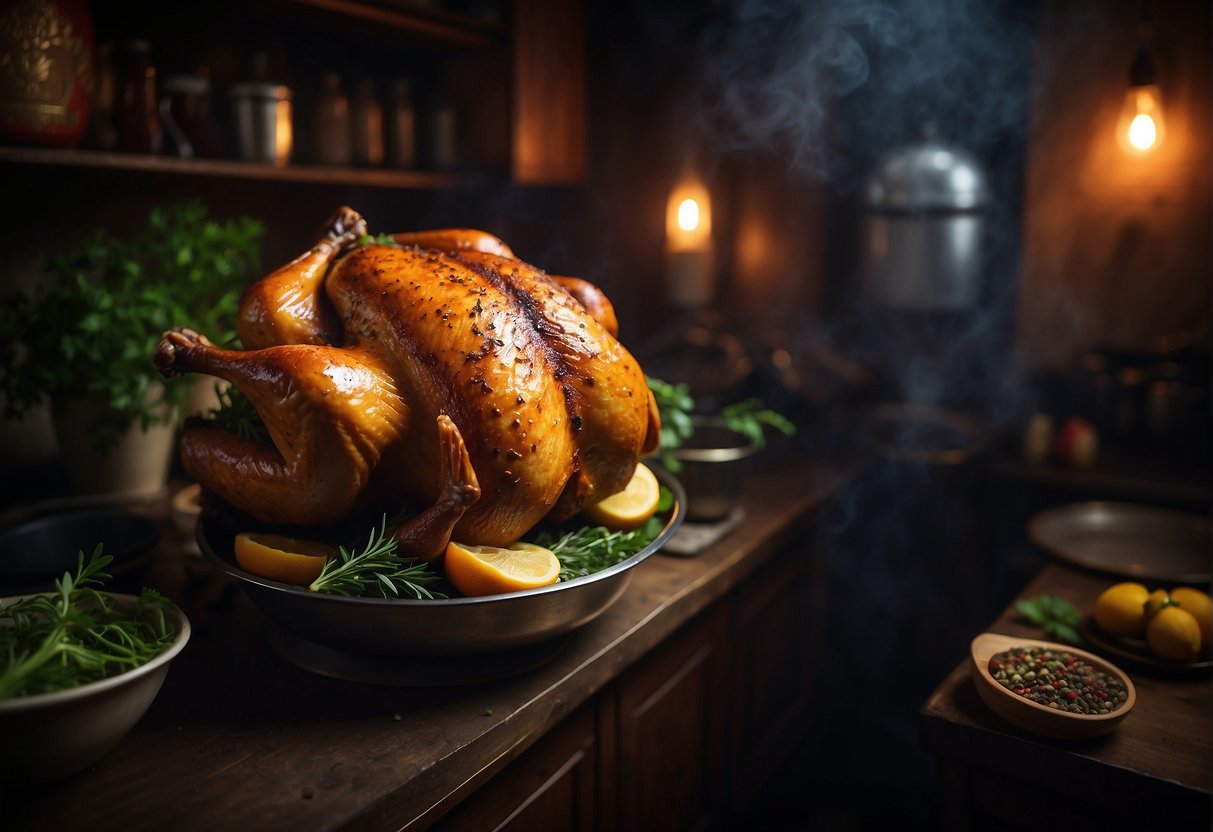 A whole smoked chicken hanging in a dimly lit, traditional Chinese kitchen, surrounded by aromatic spices and herbs