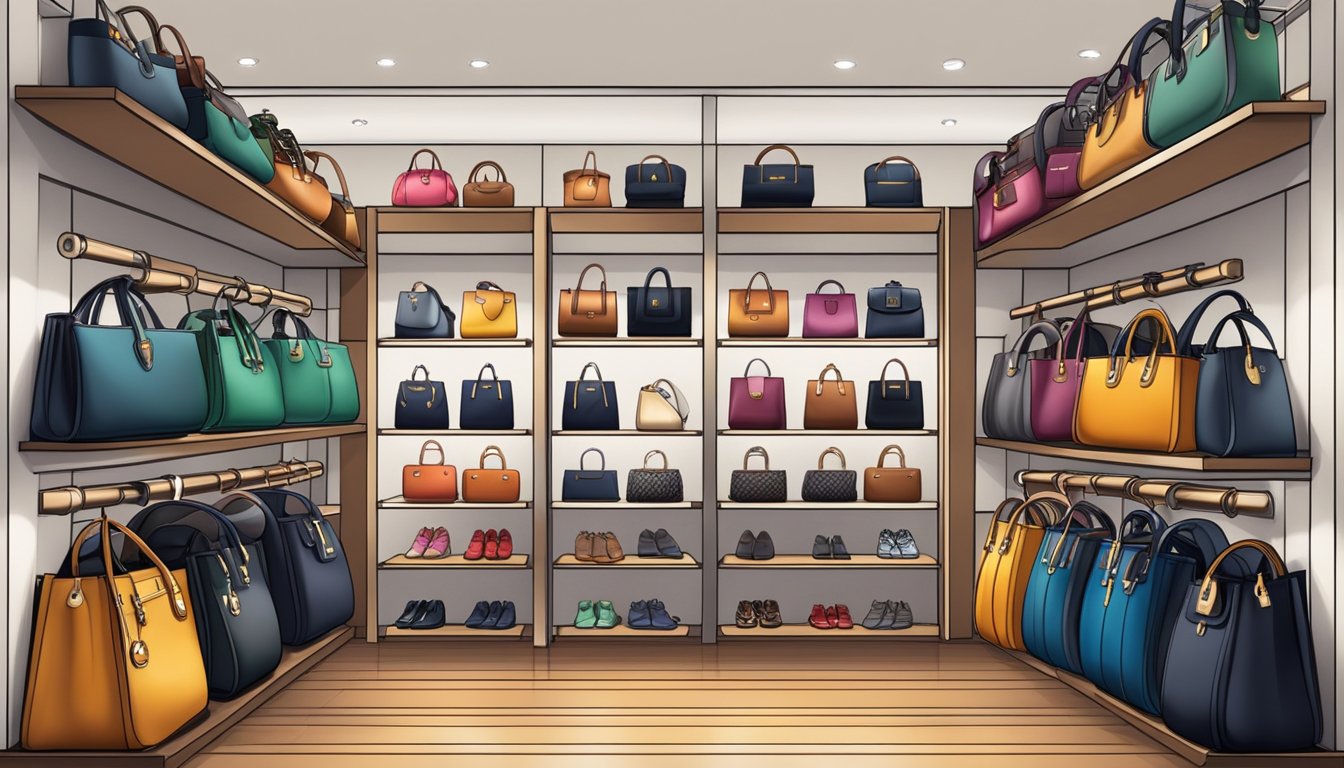 A display of top bag brands arranged on shelves and racks, with various styles and colors to accessorize your wardrobe