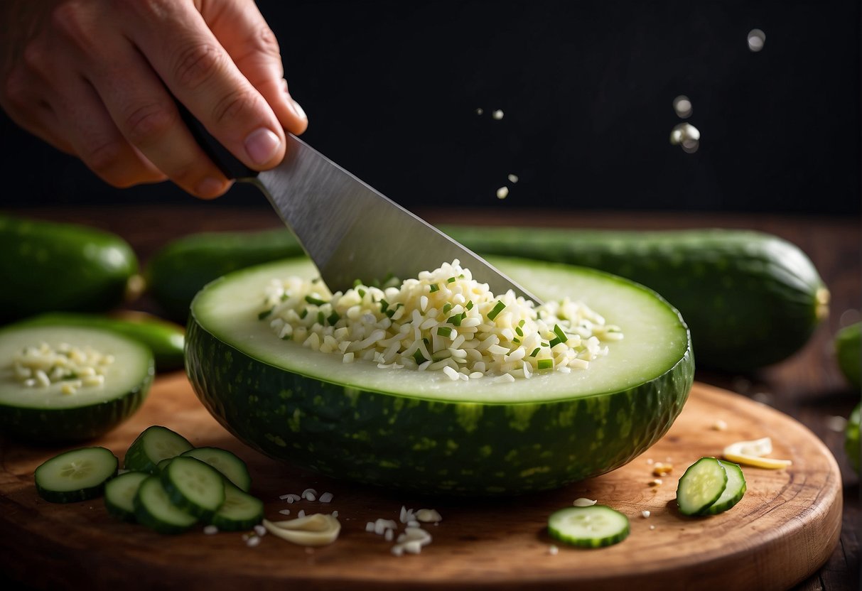 Cucumbers being smashed with a cleaver, garlic being minced, and ingredients being mixed in a bowl