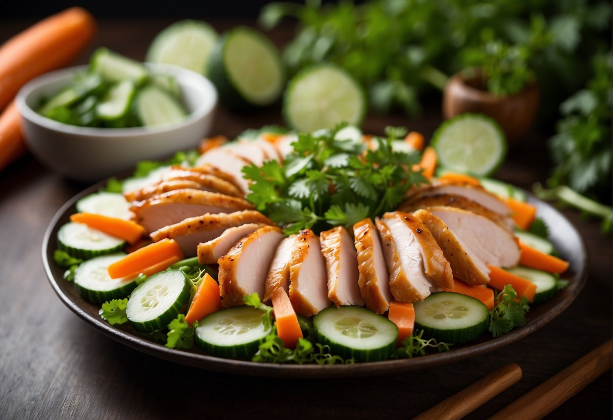 A platter of Chinese smoked chicken surrounded by sliced cucumbers, carrots, and a garnish of fresh cilantro