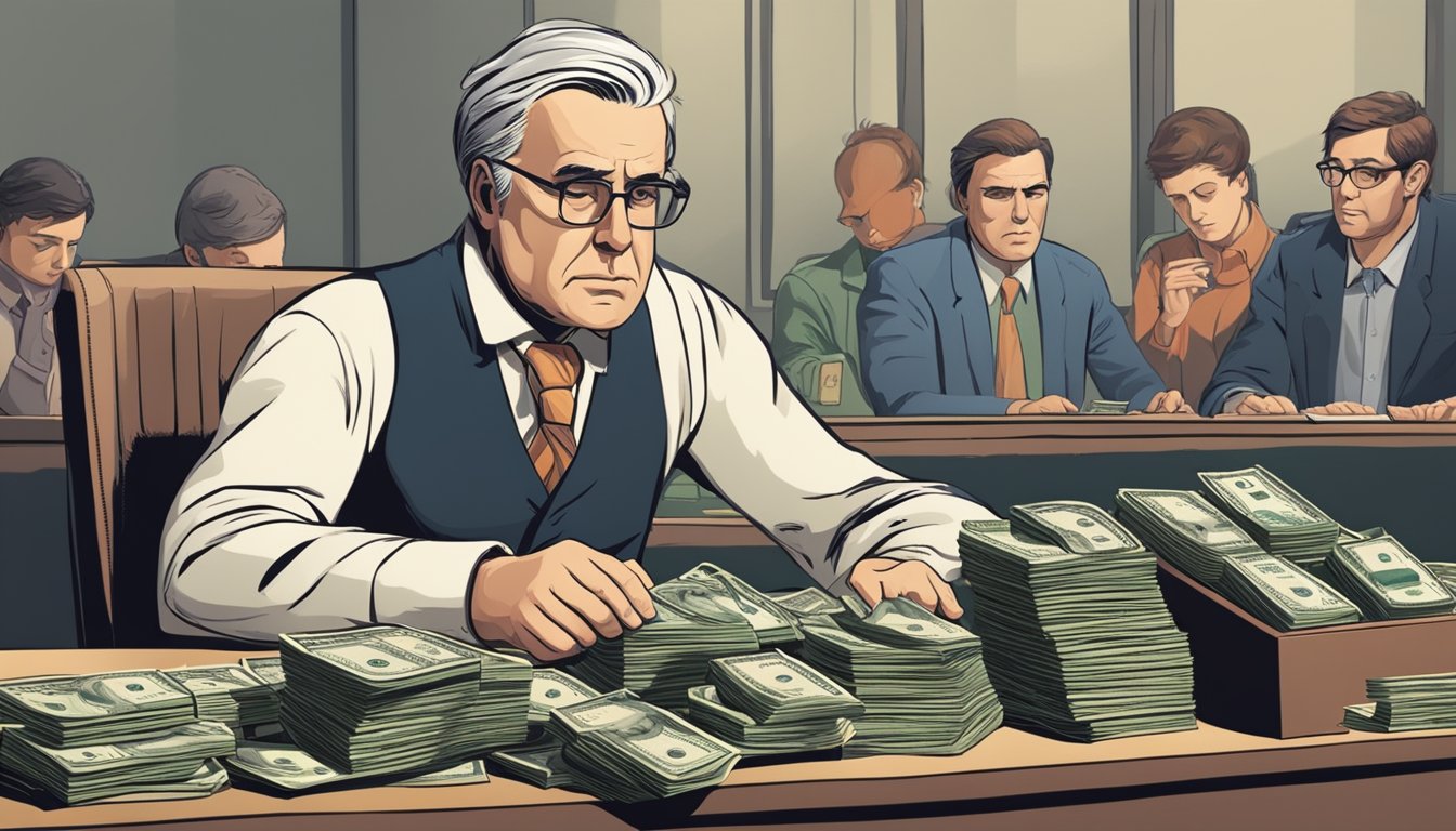 A stern moneylender sits behind a sturdy desk, counting cash with a calculating gaze, while a line of anxious borrowers waits in the background
