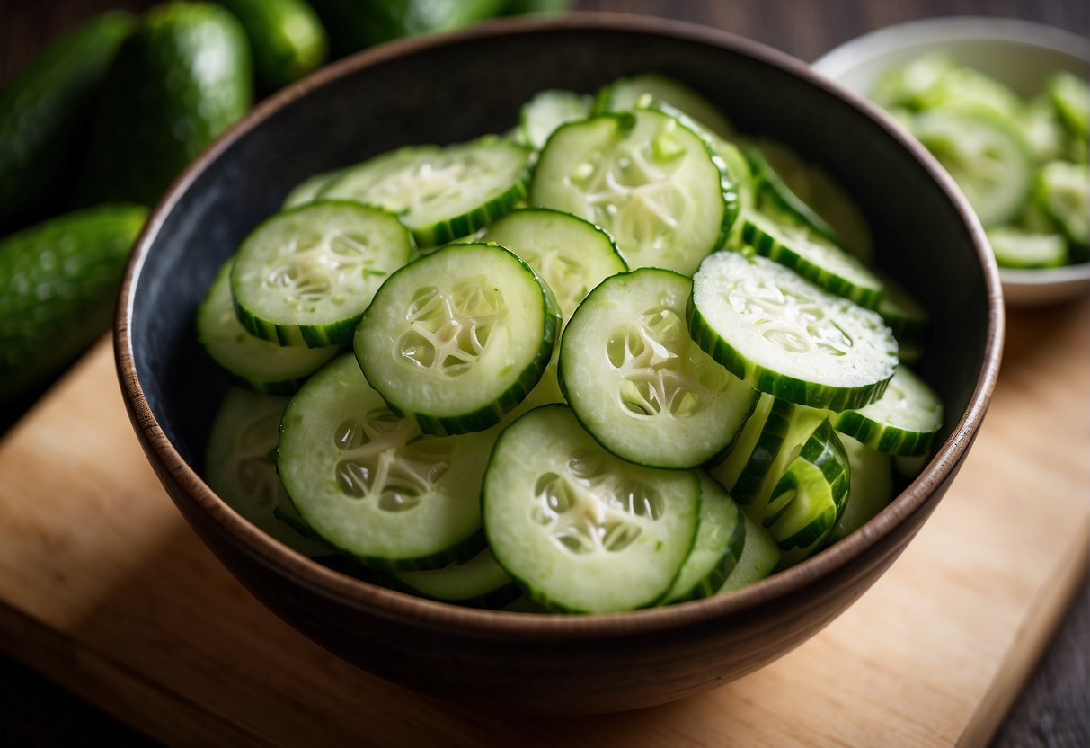 Fresh cucumbers, garlic, and seasonings are being mixed in a bowl to create a Chinese smashed cucumber salad