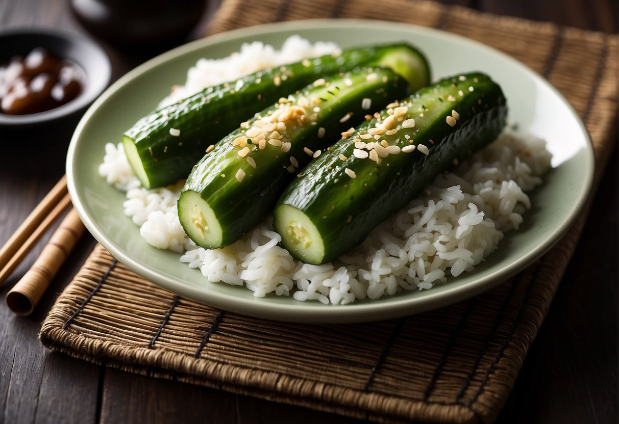 A plate of smashed cucumbers with garlic, soy sauce, and sesame oil. A side of steamed rice and a pair of chopsticks