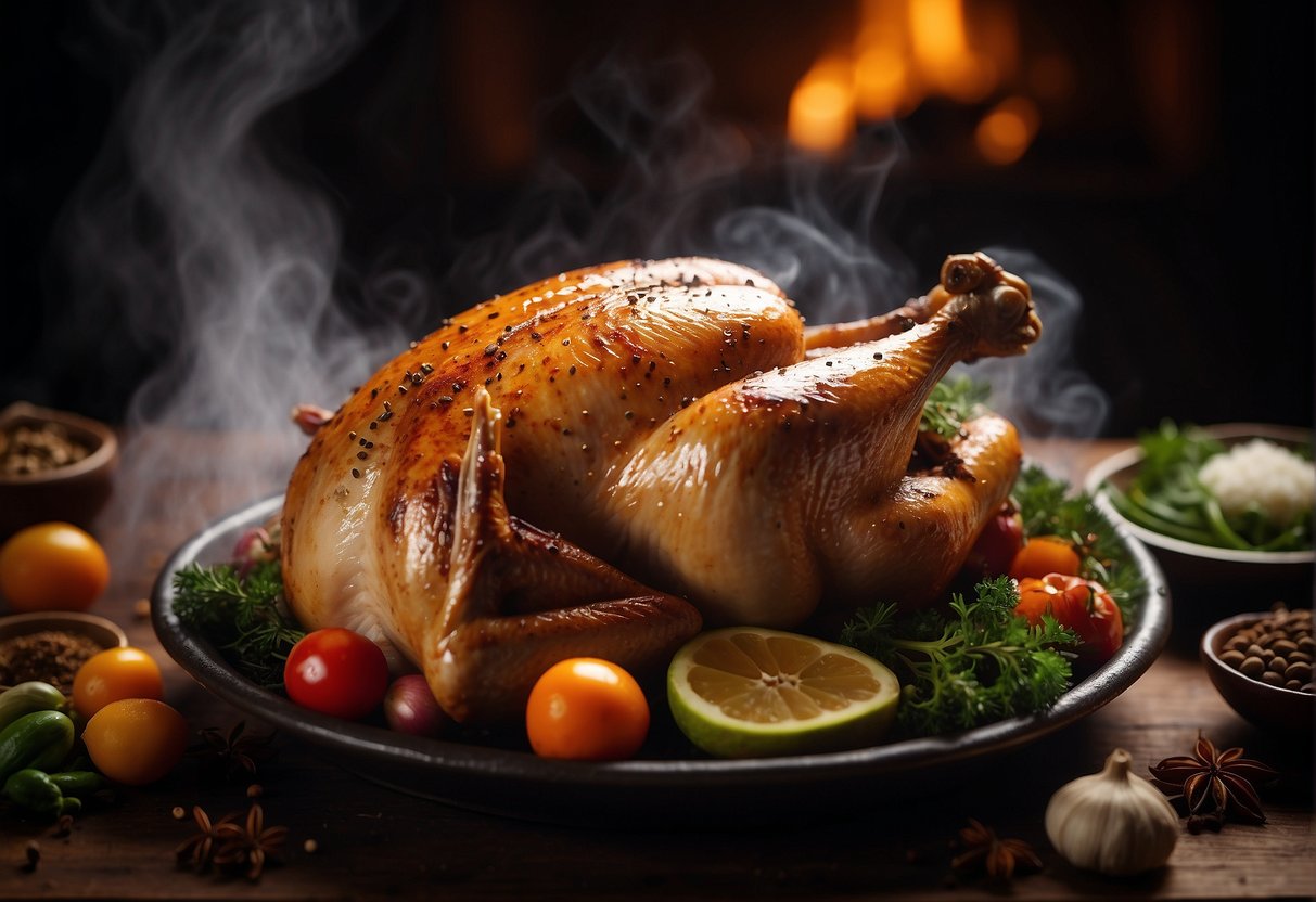 A whole smoked chicken surrounded by traditional Chinese ingredients and spices, with steam rising from the dish