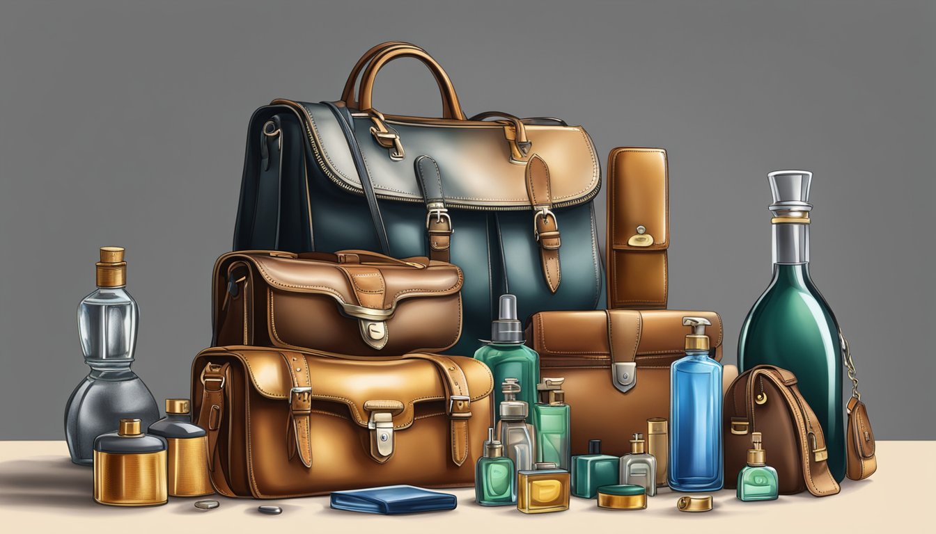 A table with a collection of second-hand luxury bags, a soft cloth, and a bottle of leather cleaner