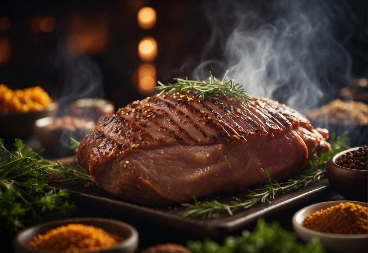 A whole duck breast is being smoked in a traditional Chinese smoker, surrounded by fragrant spices and herbs. The smoke curls around the meat, infusing it with rich, savory flavors