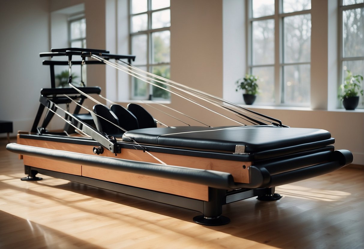 A pilates reformer machine with resistance springs, footbar, and straps, set in a bright studio with mirrors and soft lighting