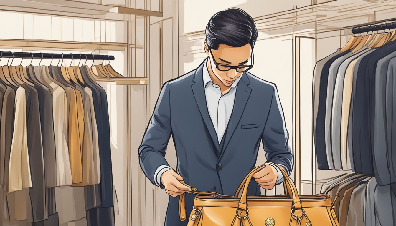 A luxurious branded bag being carefully examined for quality and authenticity by a discerning buyer in a well-lit, upscale second-hand boutique in Singapore