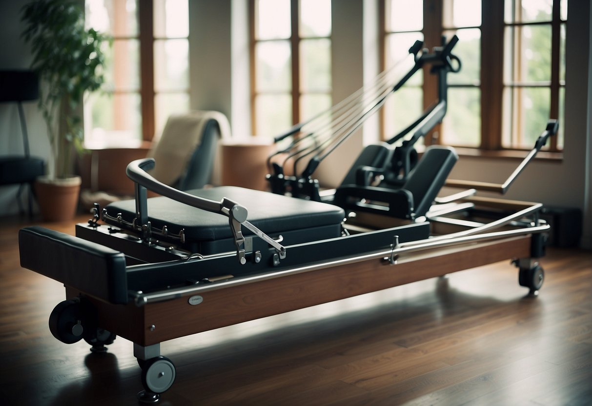 A Pilates reformer machine with resistance springs, footbar, and straps