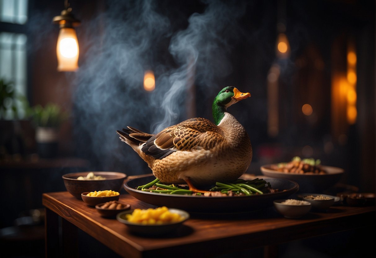 A whole duck breast is being hung in a smoky, dimly lit room, with a traditional Chinese smoking apparatus in the background