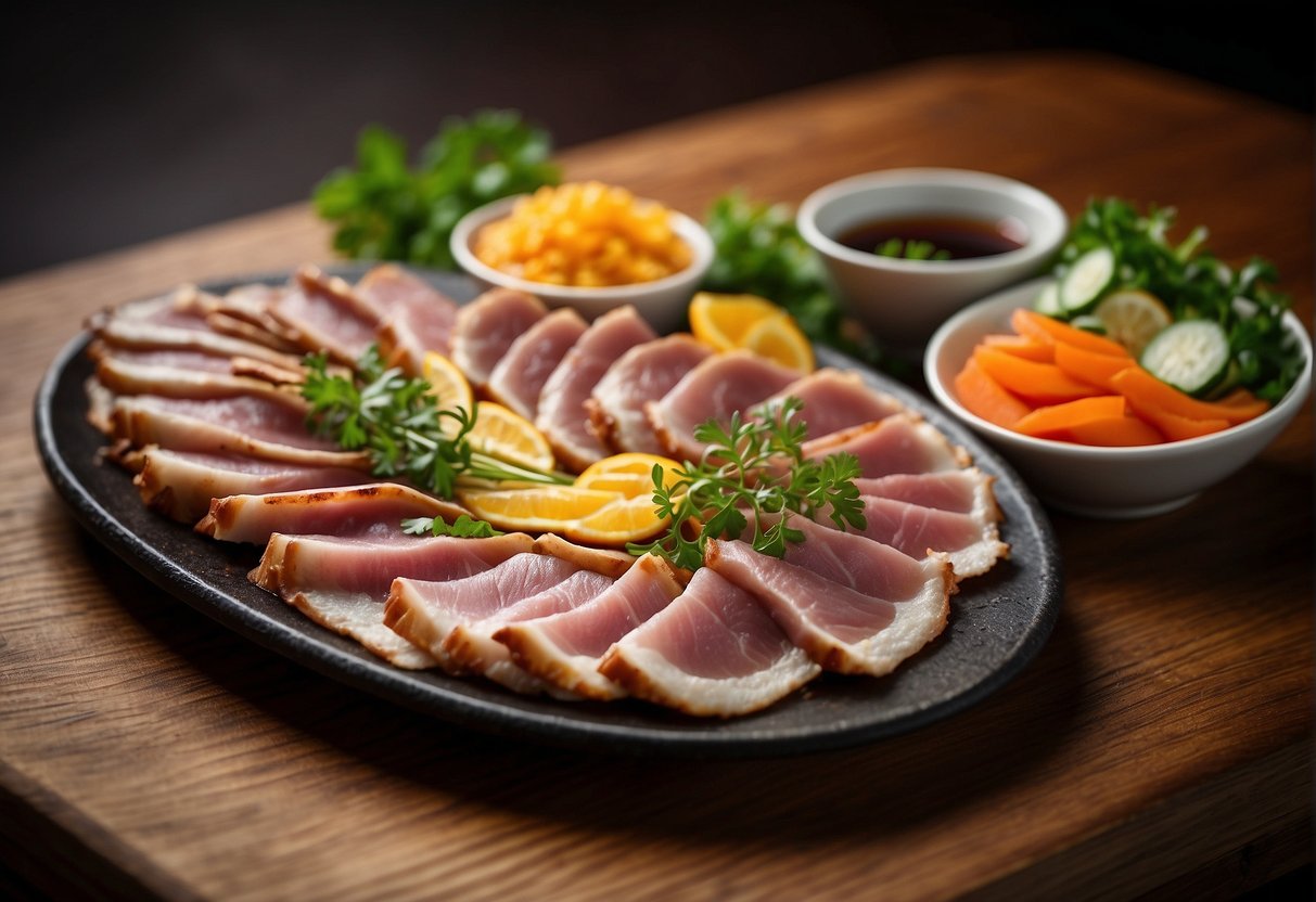 A platter of sliced smoked duck breast with garnishes, accompanied by dipping sauce and chopsticks, set on a wooden table