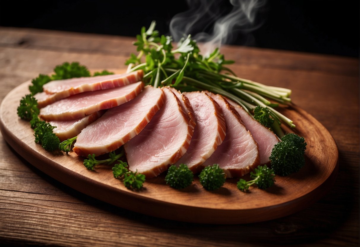 A platter of sliced Chinese smoked duck breast with garnishes on a wooden table. Smoke wisps rise from the succulent meat