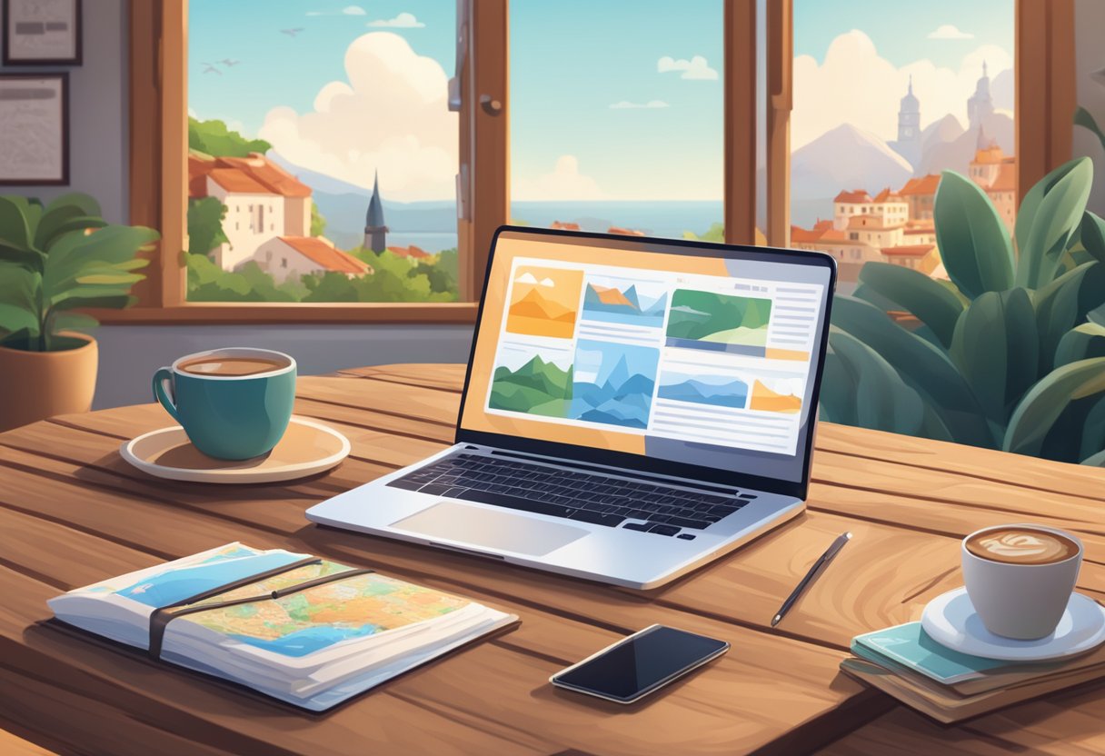 A laptop sitting on a wooden table in a cozy cafe, surrounded by travel guides and a passport. The screen displays a variety of freelance job opportunities