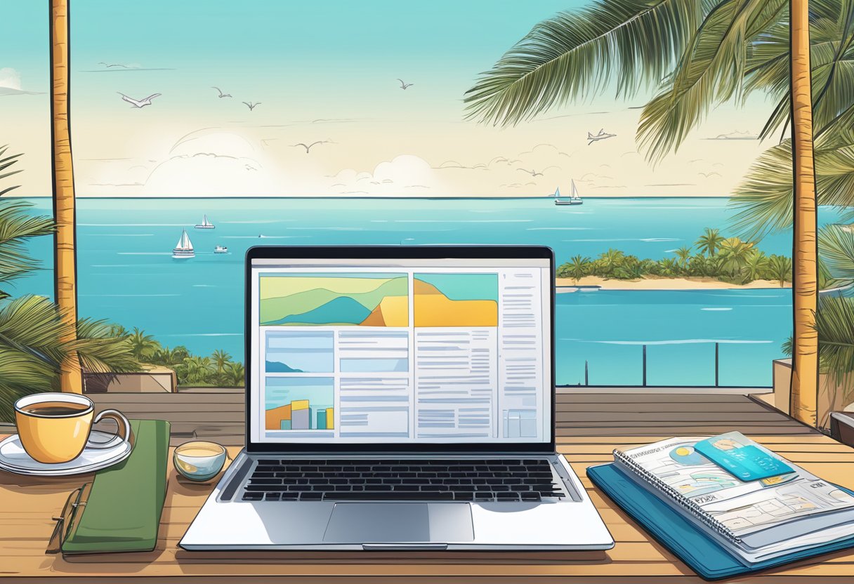 A laptop open on a beach table with a view of the ocean, surrounded by a passport, travel guides, and a notebook filled with business plans