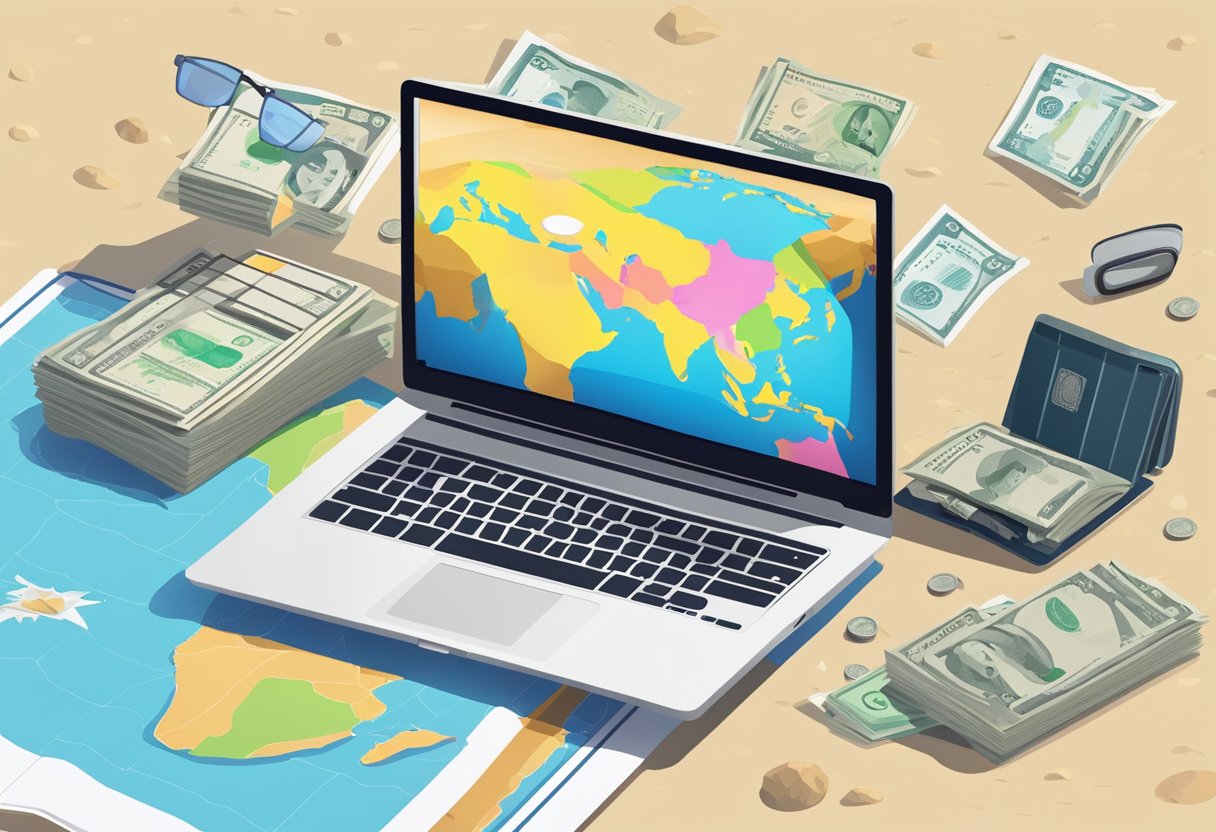 A laptop open on a beach with a passport, camera, and money scattered around. A map of the world is displayed on the screen, with various income-generating icons