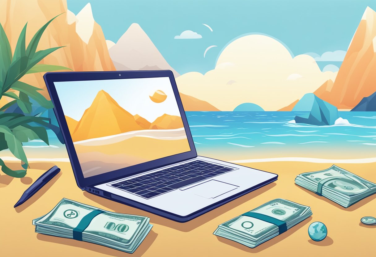 A laptop, beach, and mountains in the background. Money symbols floating above the laptop, representing passive income streams