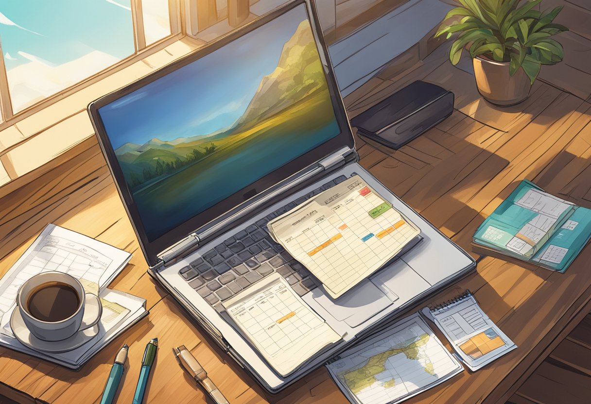 A laptop, open and displaying a calendar and to-do list, sits on a rustic wooden table with a passport, travel tickets, and a map scattered around. Sunlight streams through a nearby window, casting a warm glow on the scene