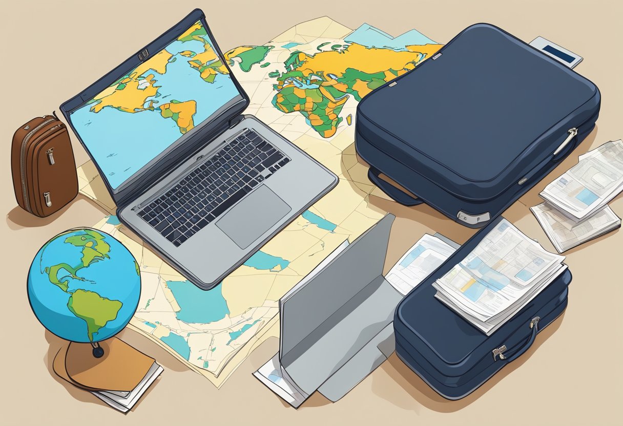 A laptop, passport, and legal documents arranged on a desk with a world map in the background. A suitcase sits nearby, packed and ready for travel