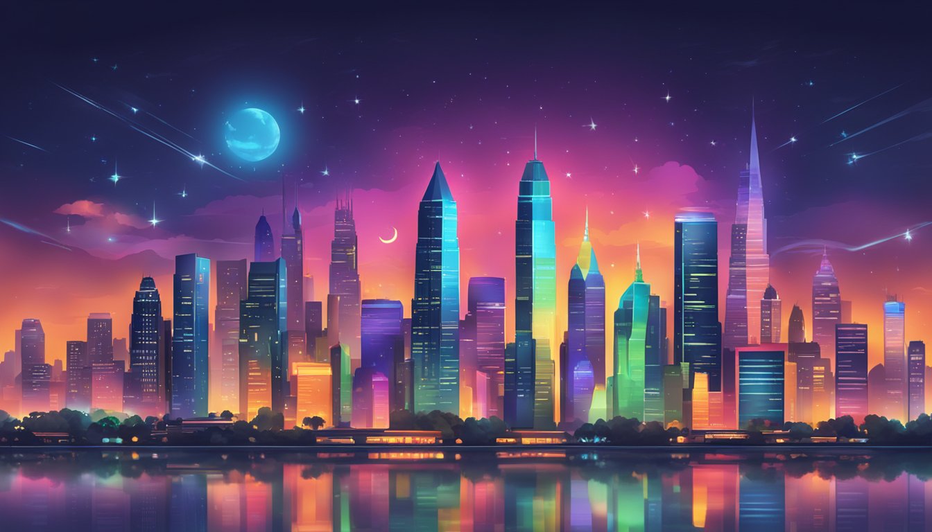 A vibrant city skyline with iconic brand logos glowing in the night, reflecting their essence through light and color