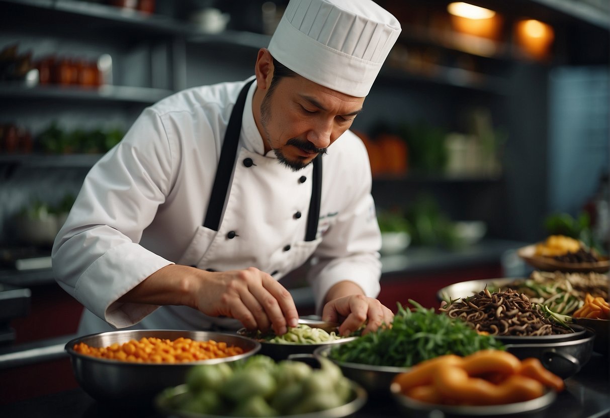 A chef carefully chooses ingredients for a Chinese snake dish, surrounded by exotic spices and herbs