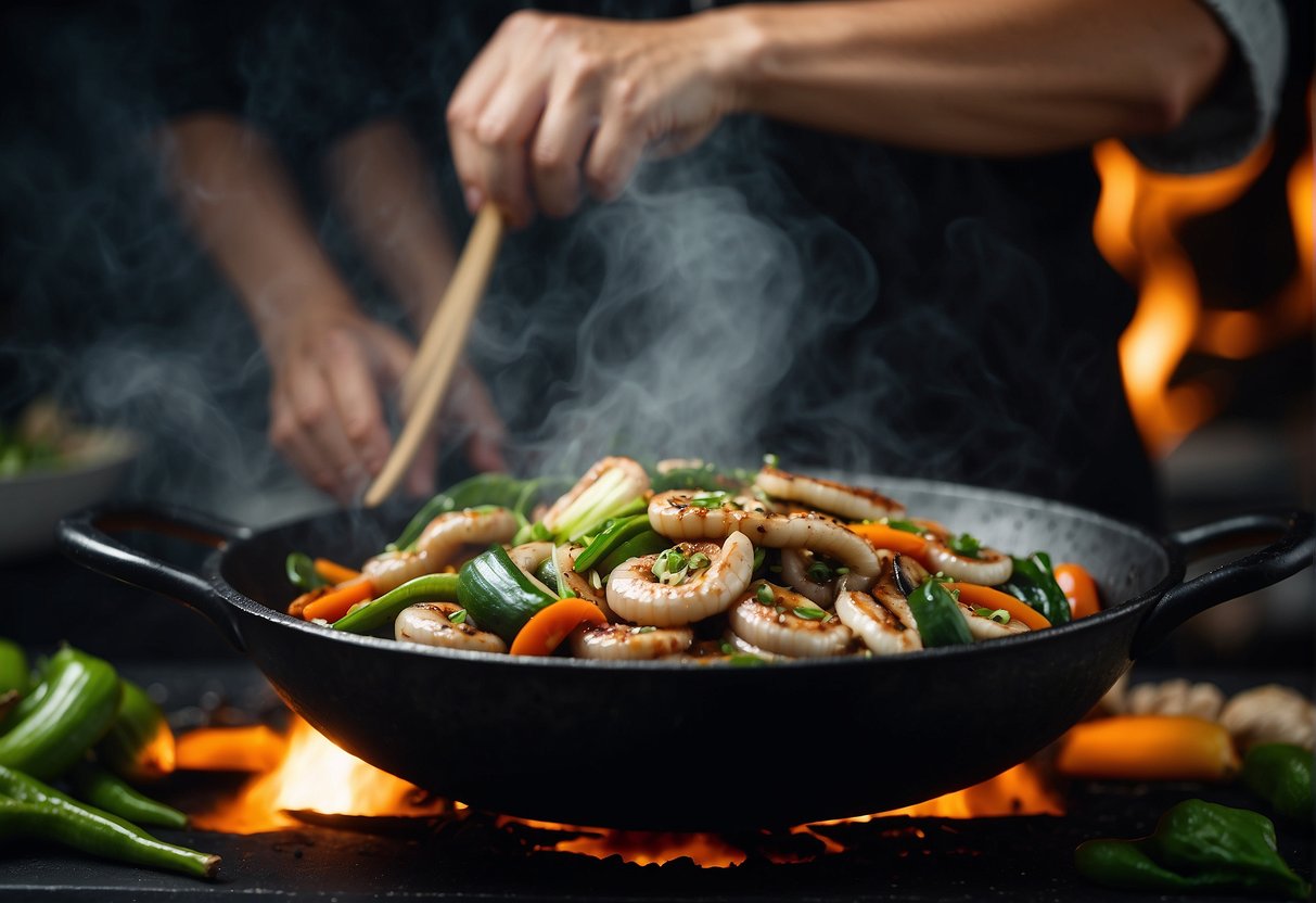 Sizzling snake meat in a wok with garlic, ginger, and soy sauce. A chef adds vegetables and spices, creating a fragrant Chinese snake recipe