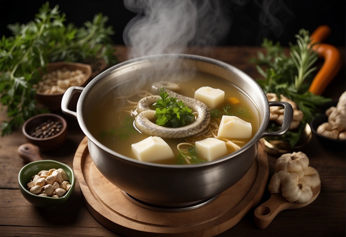 A pot simmering with Chinese herbs and snake meat, surrounded by ingredients like ginger and ginseng. A steaming bowl of snake soup on a wooden table