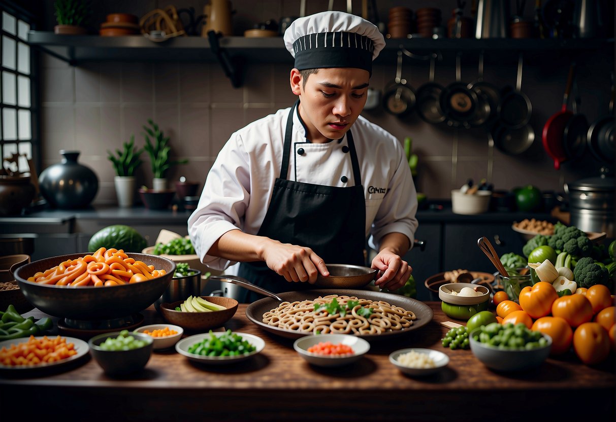 A chef preparing a traditional Chinese snake dish, surrounded by ingredients and cooking utensils
