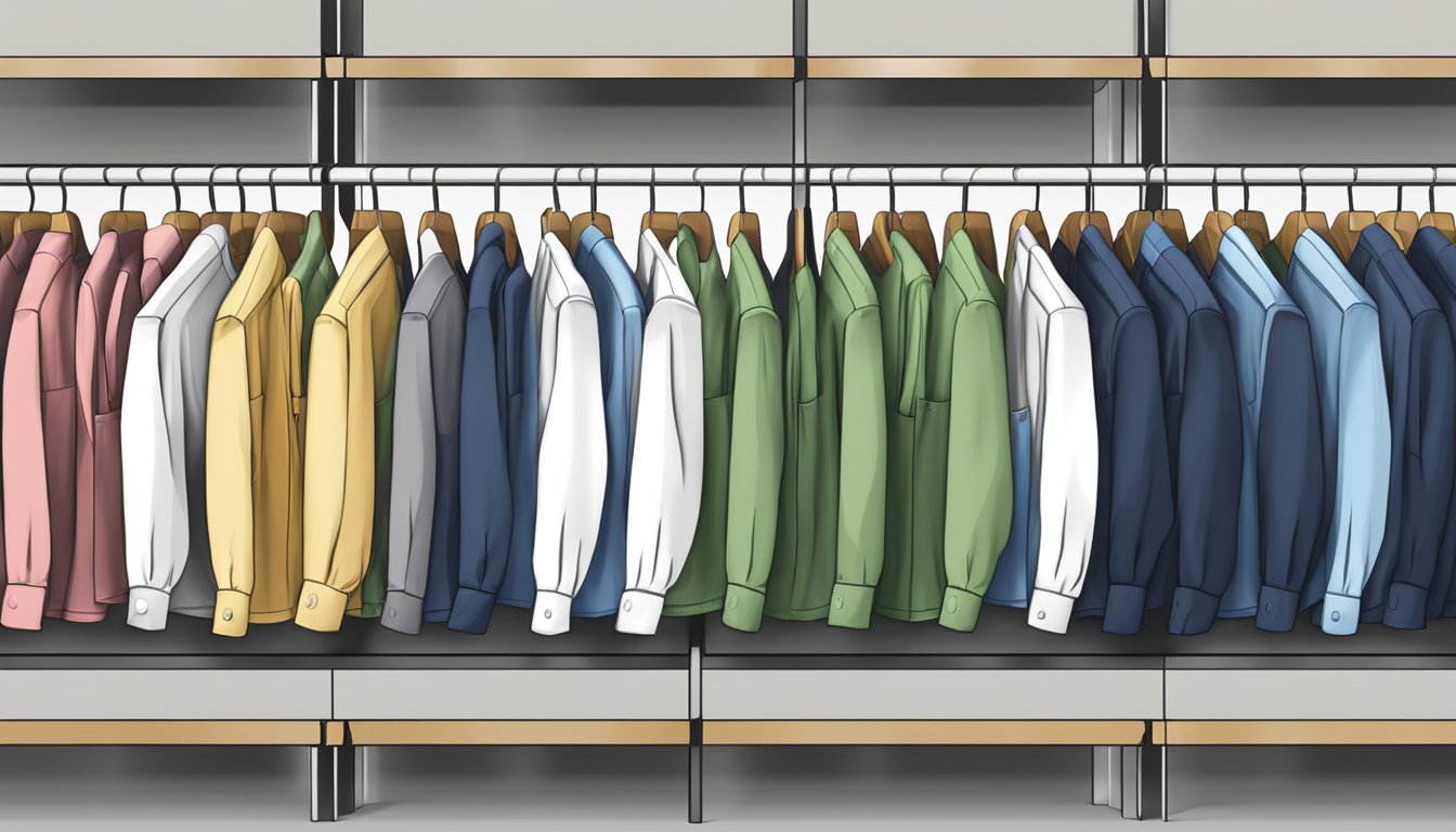 A row of branded shirts hanging neatly on a clothing rack
