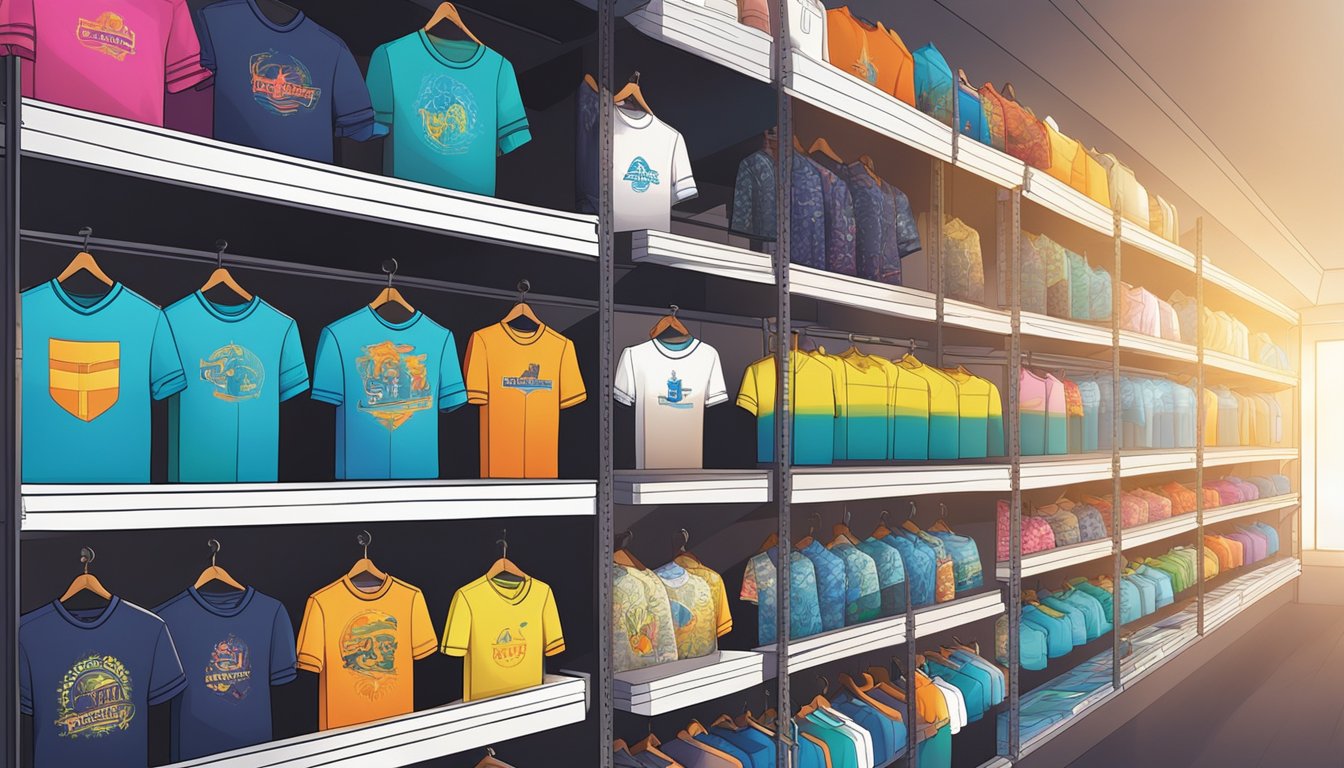 A colorful display of branded shirts arranged neatly on shelves, catching the light and drawing the eye with their vibrant logos and designs