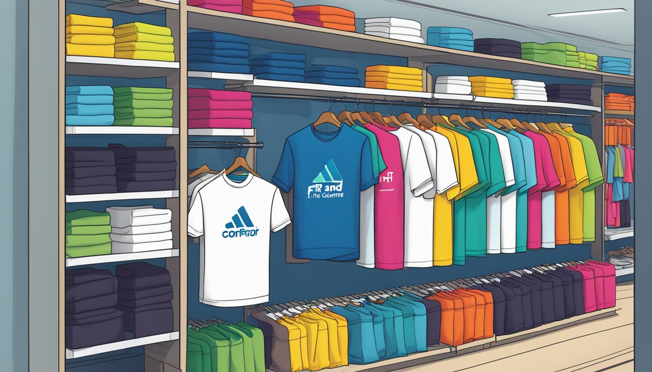 Vibrant colored shirts with "Fit and Comfort" logo displayed on a neatly arranged shelf in a well-lit retail store